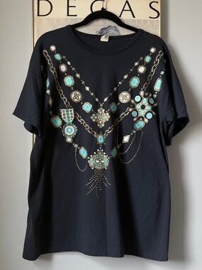 Vintage Southwestern Necklace Glitter Graphic Black Tee XL Single Stitch